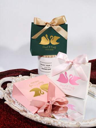 10/50 piezas Caja de recuerdo de boda personalizable con cisne y moño, caja de regalo de caramelos personalizada con nombres y fecha, elegante caja de papel para obsequios a los invitados, diseño romántico para compromiso, aniversario, despedida de soltera, empaque de chocolate o joyería