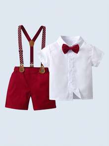 BOARNSEORL 2pcs Young Boys Gentleman Outfit - Red Suspender Pants And White Shirt With Bow Tie, Suitable For Holidays, Weddings, Christmas Parties, New Year Celebrations, Birthday, And Baby Shower - Red and White - View 6