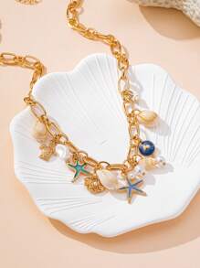 1 件夏季波西米亚风格海洋海滩度假贝壳、海星、海龟吊坠项链，适合度假、旅行、街头风格和日常穿着