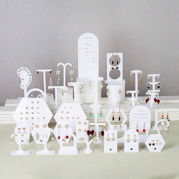 Soporte de exhibición de aretes de acrílico blanco, organizador de joyería y soporte para exhibir aretes, estante de exhibición de joyería para escritorio