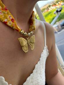 Monlansher 新款不锈钢蝴蝶吊坠项链搭配黄色印花布颈链，原创设计，时尚夸张个性项链，适合女性，休闲度假百搭 - 蝴蝶款 - 查看 4