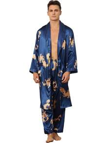 Men's Satin Robe With Pants Lightweight Printed Luxurious Spa Dragon Silk Bathrobe Kimono Sethalloween - 紅色 - 查看 10