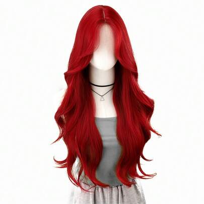 Tóc giả ren gợn sóng màu đỏ 26 inch, tóc thẳng bằng lụa tổng hợp, sợi chịu nhiệt, tóc giả cosplay màu đỏ phù hợp cho phụ nữ