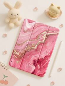 精美粉色镀金大理石纹彩绘透明硅胶减震支架，带笔槽，适用于 Galaxy Tab A8 10.5、S6 Lite 10.4、S7/S8/S9 英寸。支持睡眠唤醒，可作为节日礼物 - 彩色 - 查看 7