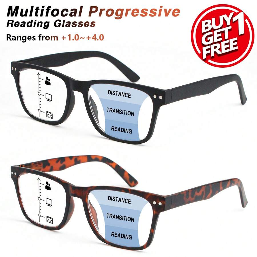 2pcs/Set Multifocal Reading Glasses, Progressive Bifocal Lenses, Classic Black & Leopard Print Style, Ultralight Flexible Frame With Matte Finish, Non-Slip & Comfortable For Business Or Casual Wear, Unisex - Black + Panther - View 1