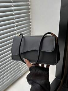 Fashionable Solid Color Asymmetrical Flip-Top Vintage Simple Elegant Shoulder Bag - Black - View 6