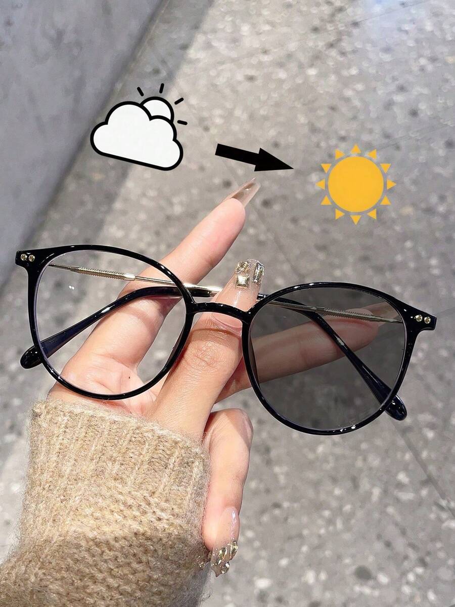 一副经典女士时尚圆形可换色眼镜，简约日常佩戴，男女通用 - 黑色變色 - 查看 1