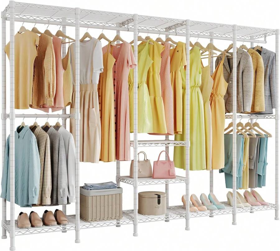 H5 Extra Large Heavy Duty Clothes Rack, Wire Garment Rack,Large Wardrobe Closet, Freestanding Closet Rack For Hanging Clothes, Clothing Rack With Adjustable Shelf, 93.3" Lx15.7 Wx75.4 H,White - White - View 1