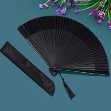 Hand Held Bamboo Silk Folding Fan Chinese Japanese Handheld Fan With Tassel Wooden Charming Elegant Vintage Retro Style For Women Ladys Girls Dance Party Home Decorations Black - 黑色 - 查看 5