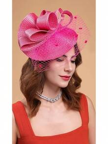 Derby Fascinators Women High Tea Party Hat Wedding Cocktail Flower Headware With Mesh And Feathers - Z-f0271-紫紅色 - 查看 3