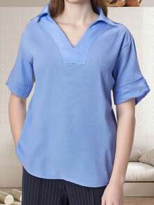 Women's Summer Cotton Linen T-Shirt Casual Loose Fit Solid Lapel V Neck Elbow Sleeve Blouses Tops - 藍色 - 查看 2