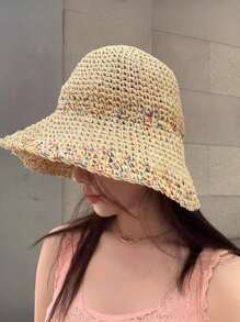 1 Peça Chapéu de Sol de Palha Dobrável Feminino - Aba Larga, Chapéu Balde Respirável, Leve para Férias de Verão, Praia, Atividades ao Ar Livre, Chapéu de Praia, Acessório de Viagem, Roupa de Praia Estilosa, Construção Durável, Amantes de Viagem, Essenciais de Férias