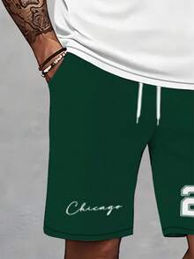 2 件夏季男士休闲套装，绿色数字印花短袖 T 恤 + 抽绳运动短裤，男士户外圆领训练运动服 - 綠色 - 查看 4