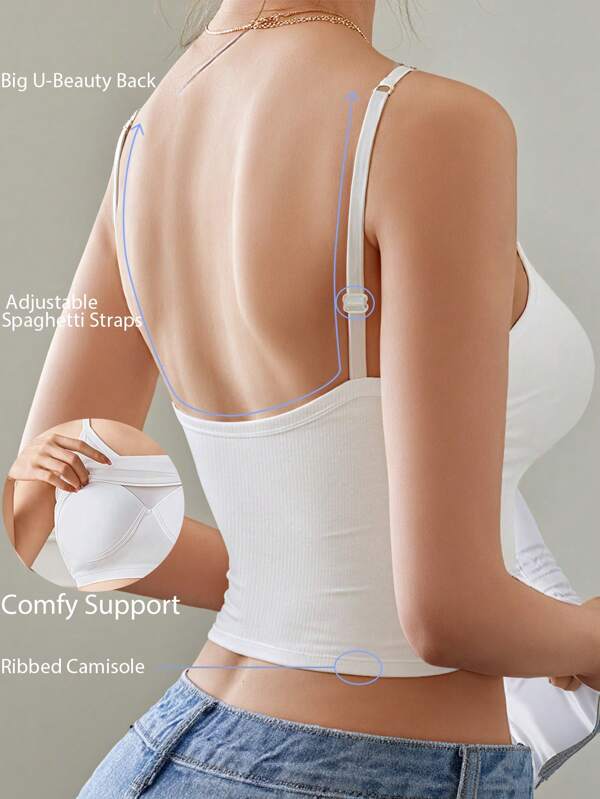 Ribbed Knit Camisole Tank Top Padded Basic Casual Camisole Top Women Sexy Backless Double Top Elastic Spaghetti Strap Crop Top Camisole With Padded Bra Women White Crop Cami Top Undershirt Sleeveless Top Female Vest Crop Top Summer Vacation Outfits