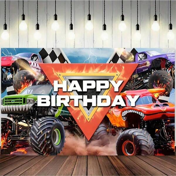 1 pièce Bannière de fête de monster truck de joyeux anniversaire - Décoration de chambre thème voiture, sans électricité nécessaire