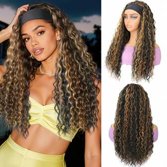 卷曲波浪发带假发，合成湿波浪假发，带发带，无需胶水，黑色半头假发，适合日常佩戴。Y2K风格，万圣节、圣诞节和派对必备，音乐节完美之选。