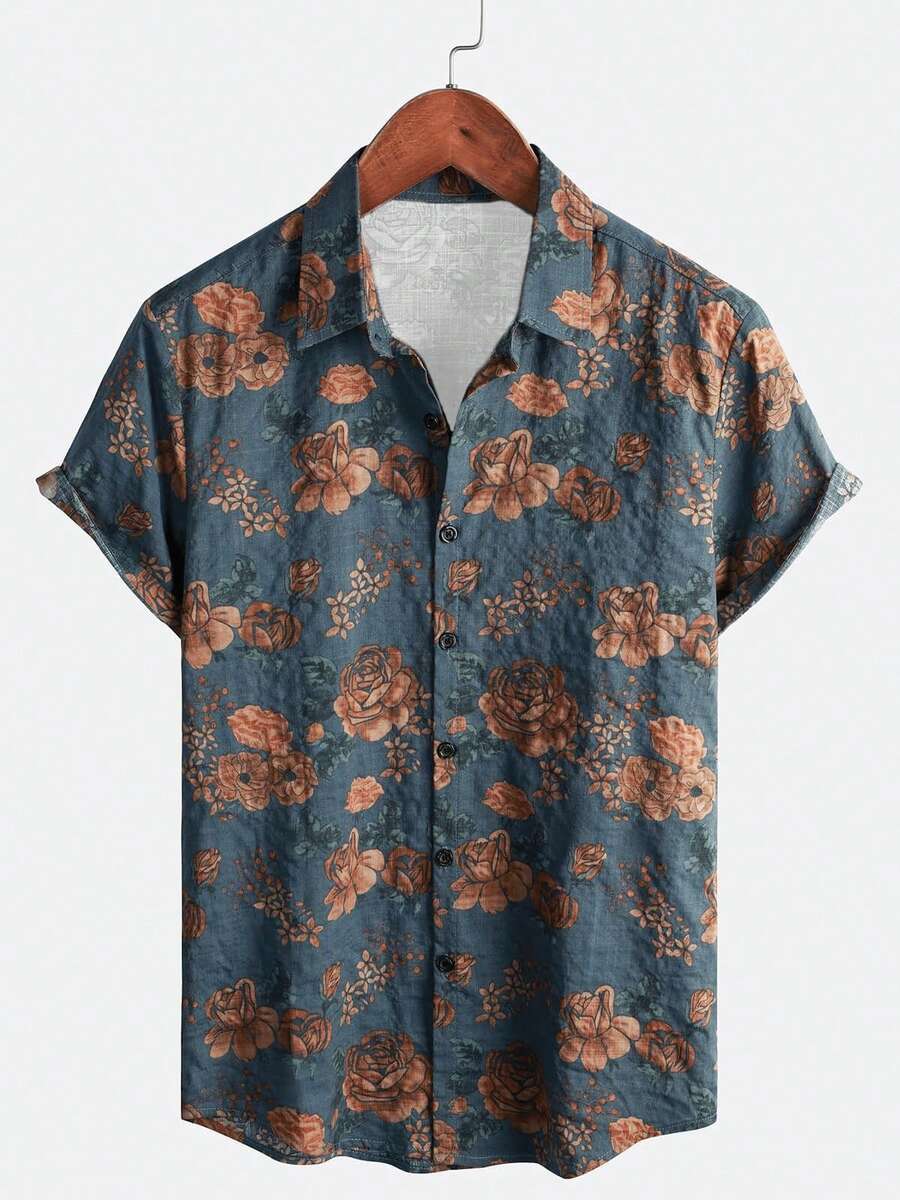 2025 Spring & Summer Men's Comfortable, Skin-Friendly, Versatile Simple Printed Elegant Rural Style Short Sleeve Shirt - Multicolor - View 1