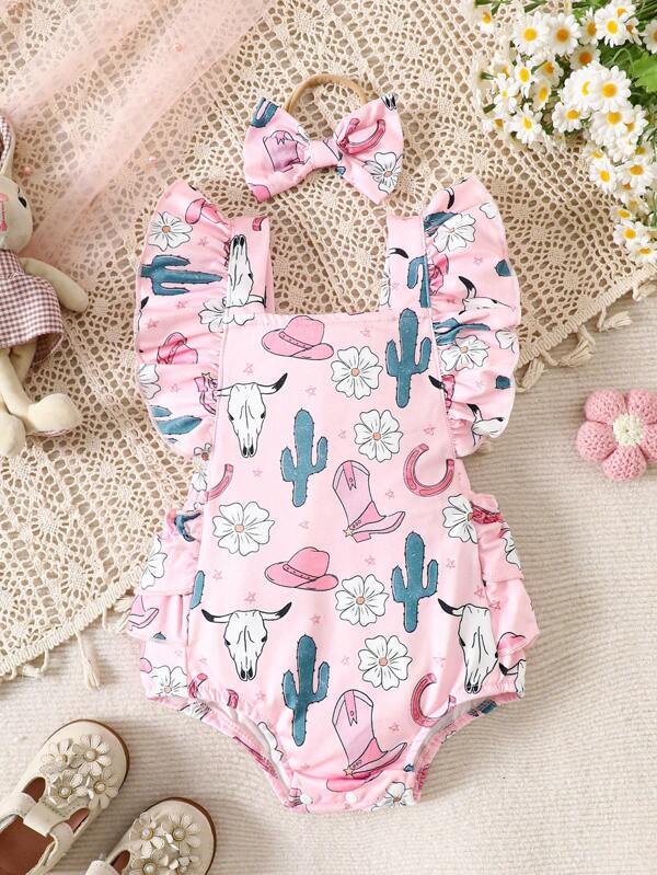 Baby Girl Cactus Print Pink Romper, Cute & Charming Crawling Outfit, Must-Have Summer Princess Apparel