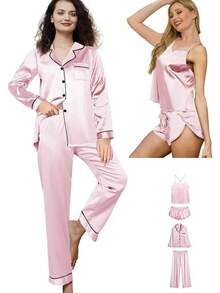 4Pcs Womens Silk Pajama Sets Satin Pajamas Set Sexy Cami Lingerie Pjs Nightwear Silky Pj Loungewear Sleepwearhalloween - 淡粉紅色 - 查看 1