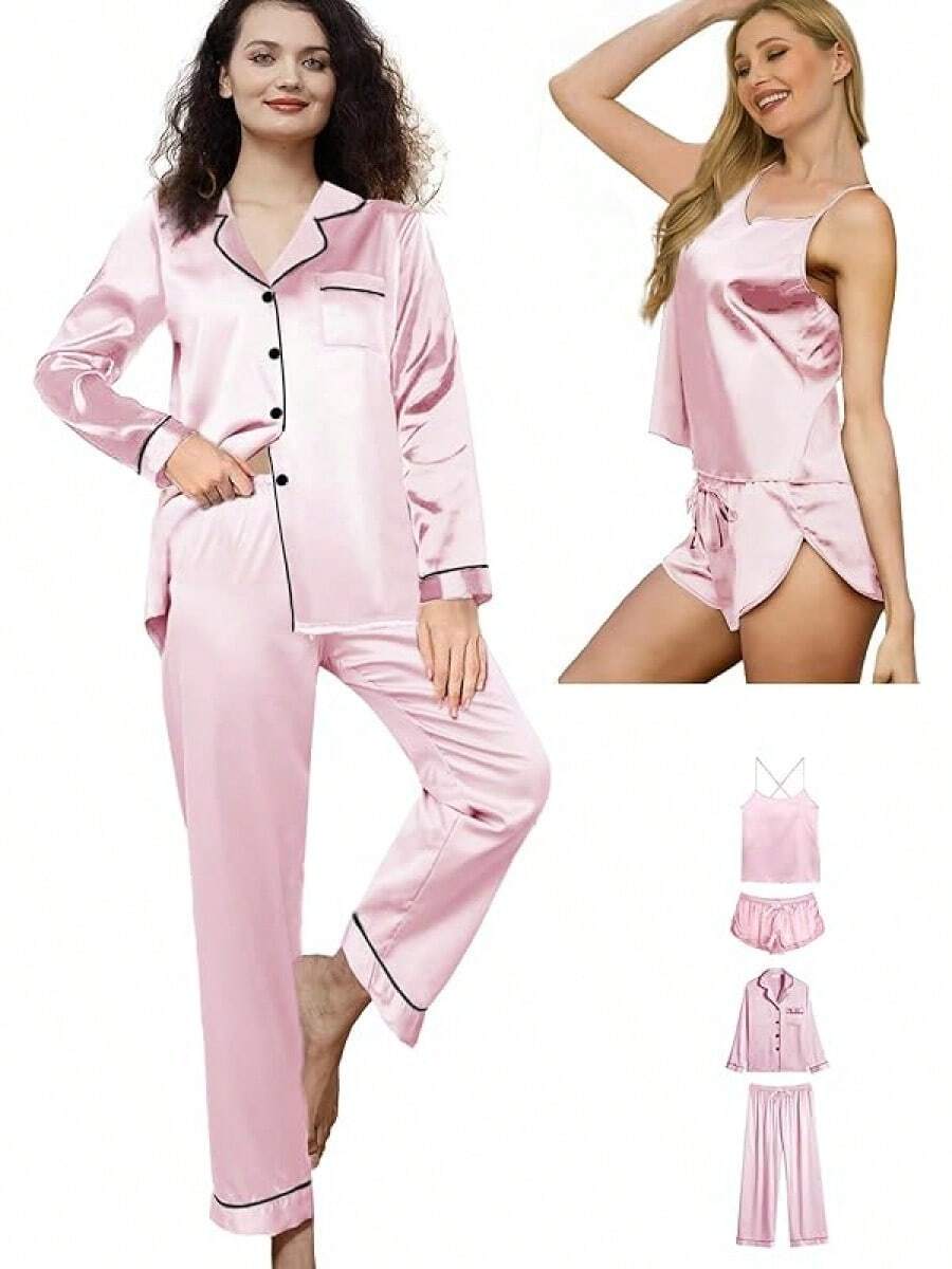 4Pcs Womens Silk Pajama Sets Satin Pajamas Set Sexy Cami Lingerie Pjs Nightwear Silky Pj Loungewear Sleepwearhalloween - 淡粉紅色 - 查看 1