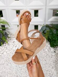 Sandálias femininas de corda trançada, estilo férias, cunha, sola grossa, salto alto, sapatos de lona, sandálias com tira no tornozelo, primavera e verão, festival da primavera, Páscoa - Castanho - Ver 2