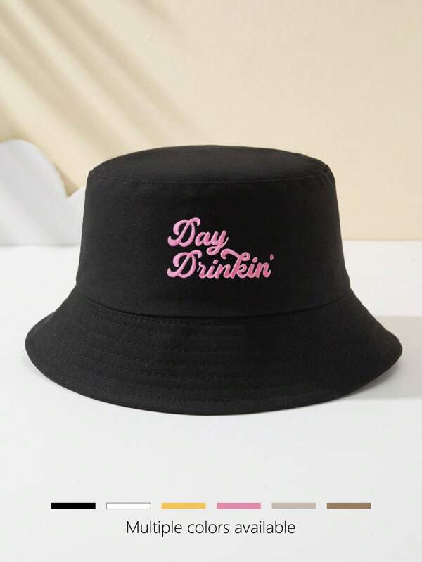 1 Pc Women's "Day Drinkin'" Embroidered Casual Bucket Hat, Personalized Minimalist Outdoor Sports Travel Beach Essential, Breathable, Fashion Versatile Sun Hat, Gift For Holidays