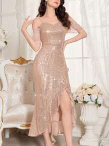 Nuevo vestido de verano elegante asimétrico de hombro descubierto con lentejuelas