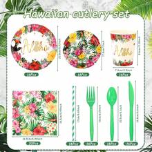 133-Piece Flamingo Hawaiian-Themed Party Disposable Tableware Set, Including Napkins, Plates, Cups, Tablecloths, Knives, Forks And Spoons Printed With Tropical Plant Patterns, Suitable For A Summer Birthday Party For 16 Guests. - 顏色 - 查看 2