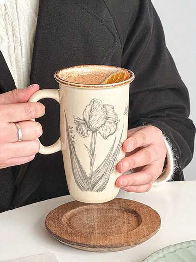 1pc Vintage Floral Ceramic Mug, French Vintage High-Sided Cheese Dessert Cup, Ceramic Material, Vintage Floral, Large Capacity Cappuccino Dessert Cup, Juice Cup, Casual, Afternoon Tea, Office