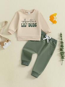 Toddler Baby Boy Clothes Auntie's Lil' Dude Print Long Sleeve Sweatshirt Pullover Top Solid Pants Set Fall Winter Outfit 2Pcs - 卡其色 - 查看 1