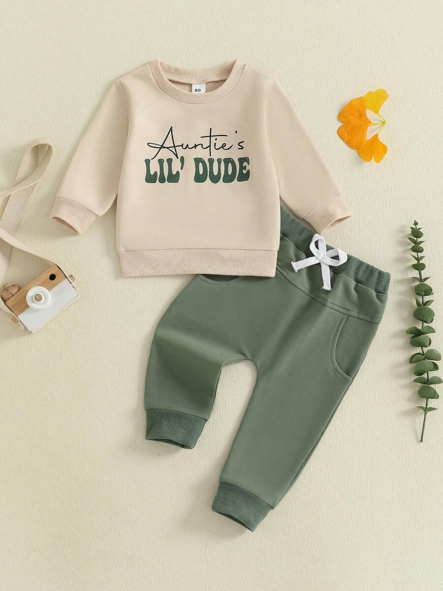 Toddler Baby Boy Clothes Auntie's Lil' Dude Print Long Sleeve Sweatshirt Pullover Top Solid Pants Set Fall Winter Outfit 2Pcs - 卡其色 - 查看 1