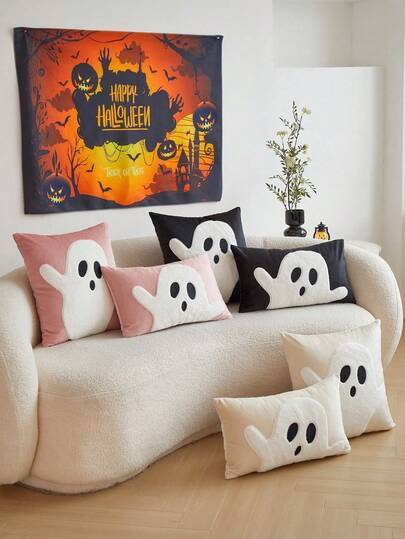 1 件万圣节鬼魂刺绣装饰抱枕套，天鹅绒材质，柔软舒适，隐形拉链，18"X18"，12"X20"，粉色、黑色、米色，适用于亡灵节、沙发、卧室、客厅装饰万圣节装饰家居装饰秋季装饰墙面装饰贴纸墙贴万圣节装饰万圣节装饰枕套枕套靠垫套靠垫套