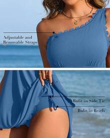 Ribbed One Shoulder Swim Dress With Tummy Control For Women - 藍色 - 查看 11