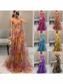 Spring And Summer New Mesh Printing Suspender Dress INS Vacation Casual Party Dress - 紫色 - 查看 4