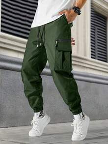 Men's Casual Cargo Pants, Solid Color Zipper Non-Stretchy Outdoor Hiking Ankle-Tied Trousers, All Season - Green - View 4