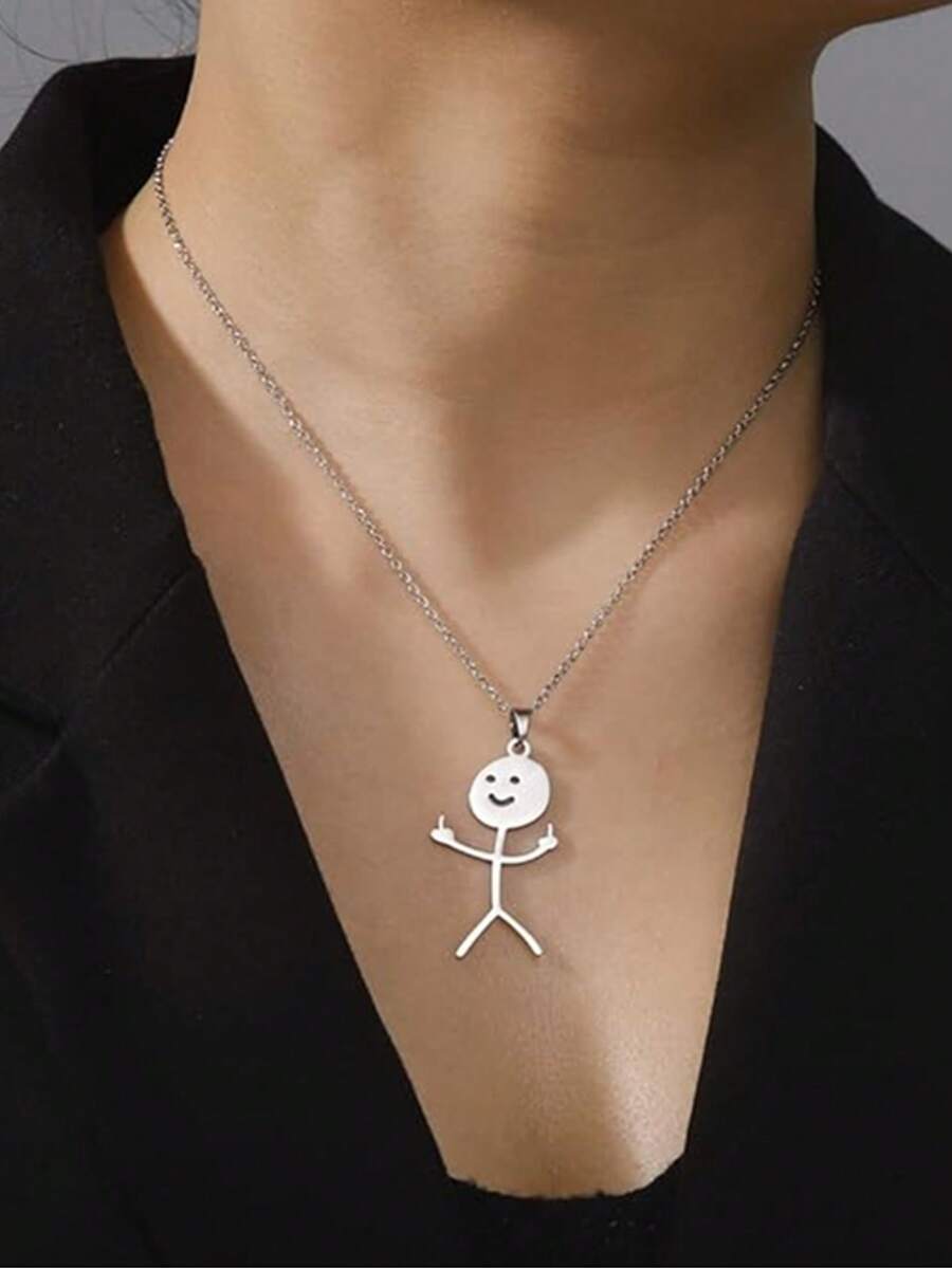 1pc Unisex Fashion Funny Graffiti Middle Finger Pendant Necklace, Stainless Steel, Casual, Hip Hop Style, Valentine's Day Gift - Multicolor - View 1
