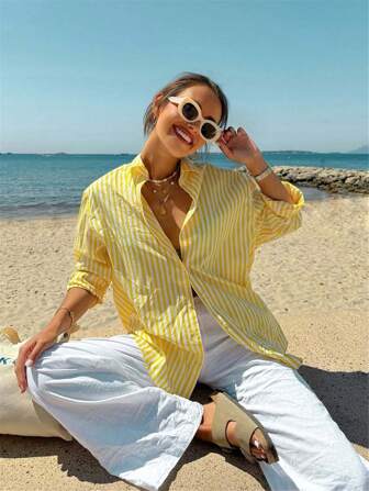 女士宽松黄白条纹纽扣衬衫