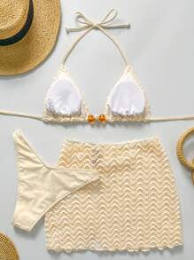 Bikinx Set da 3 pezzi da donna per l'estate 2025, costume da bagno tankini con top a fascia e fantasia a onde, con gonna copricostume, adatto per vacanze al mare