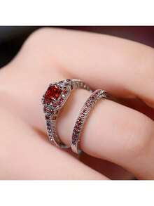 2pcs/Set Luxury Women Fashion Square Synthetic Zirconia Engagement Wedding Rings Set, Elegant Princess Charming Precise Proposal Promise Ring, Birthday Party Anniversary Memorial Ring, Valentine's Christmas Gift - Red - View 11