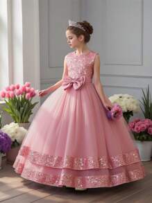 Tween Girls Sequin Mesh Flower Girl Wedding Dress Long Gown, Suitable For Birthday Party, Banquet, Does Not Include Headband