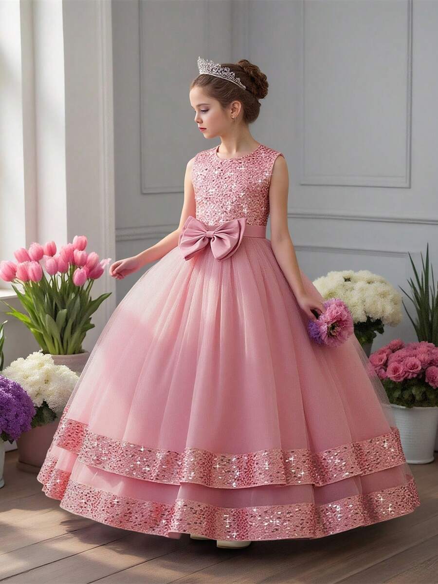 Tween Girls Sequin Mesh Flower Girl Wedding Dress Long Gown, Suitable For Birthday Party, Banquet, Does Not Include Headband