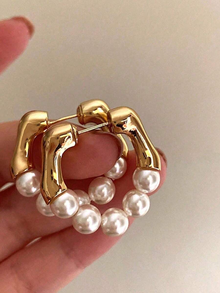 1 Pair Of Copper High Gloss Pearl Earrings, Worn Front And Back, Vintage French Pearl Earrings, Suitable For Women To Wear