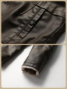 Men's Leather Jacket, Mid-Length Thickened Thermal Lined Suit Jacket, Casual Business Formal Wear, Lapel Collar Single-Breasted Jacket, Heavyweight Washed Fabric Soft Flannel Lining - Brown - View 6