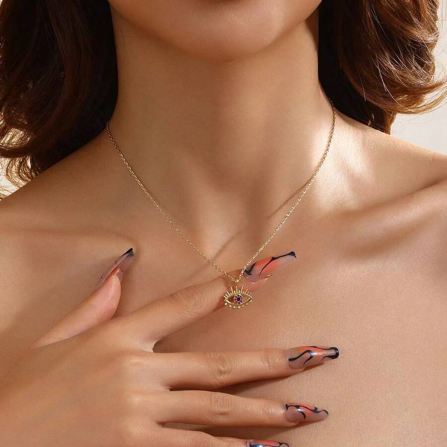 1 款闪亮微镶嵌锆石恶魔之眼项链，时尚简约的锁骨链适合女性日常派对佩戴
