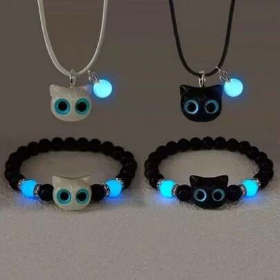 A Set Of Cute Glow-In-The-Dark Cat Bead Bracelet And Necklace, Perfect For Daily Wear, Couples, Parties, And As Gifts For Anniversaries And Holidays Cute Acrylic Black White Cat Couple Bracelet Necklace Glow In The Dark Bead Bracelets For Women Men Girls Boys Cute Big Eye Cat Luminous Bracelets