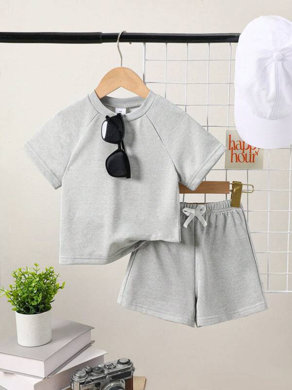 Back To School Boys 2 Pieces Set, Crew Neck Solid Gray Short Sleeve T-Shirt And Drawstring Gray Shorts, Fashionable Sportswear For Outdoor, Casual, Travel, Summer