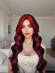 黑色长波浪假发 26 英寸挑染红色微卷大波浪自然造型轻盈透气合成纤维耐热假发适合女性日常使用派对假发角色扮演万圣节自然浪漫休闲街头假发