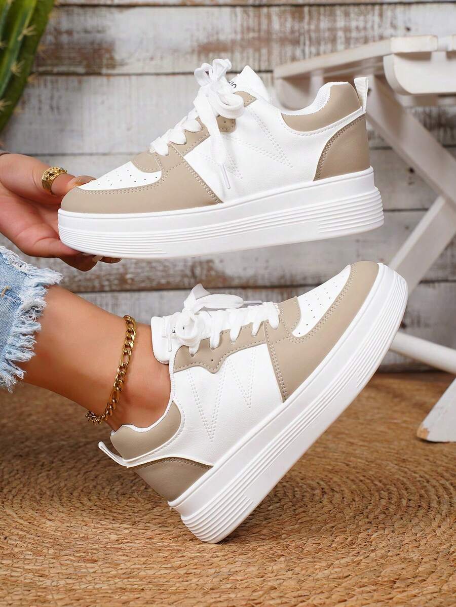 Women's Classic White Low-Top Casual Fashion Flat Sneakers, Outdoor Sports Shoes, Lightweight Soft-Soled Breathable Slip-On Platform Shoes - Màu Khaki - Xem 1