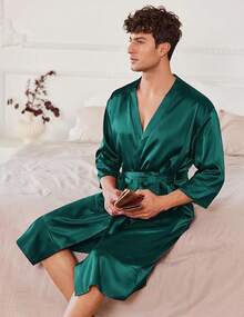Mens Satin Robe Lightweight Silky Kimono Bathrobe 3/4 Sleeve Spa Knee Length Loungewear With Pockets S-3XLhalloween - 綠湖 - 查看 3