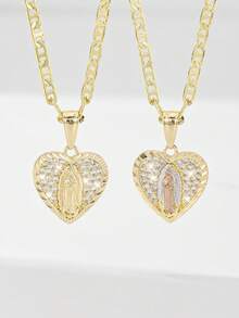 1 件 2025 新款防过敏铜镶嵌锆石信仰心玫瑰瓜达卢佩圣母玛利亚手绘三色吊坠项链，适合送给母亲/情人节、情侣/朋友/教父母、天主教第一次圣餐、日常和节日佩戴祈祷